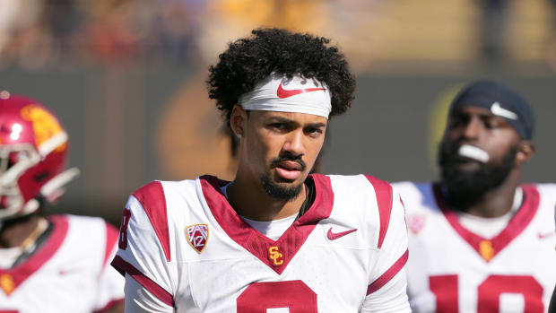 Oct 28, 2023; Berkeley, California, USA; USC Trojans quarterback Malachi Nelson (8) before the game against the California Golden Bears at California Memorial Stadium.